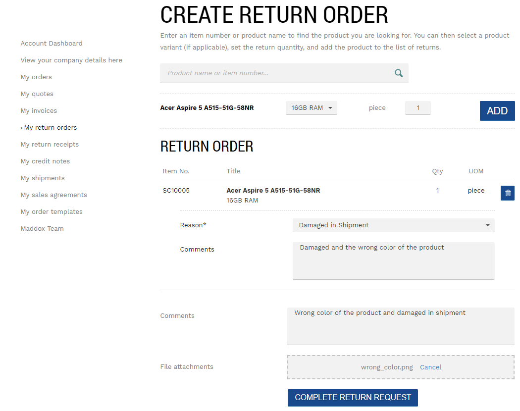 Enter order. Return request. Return query. Request Return Receipt.